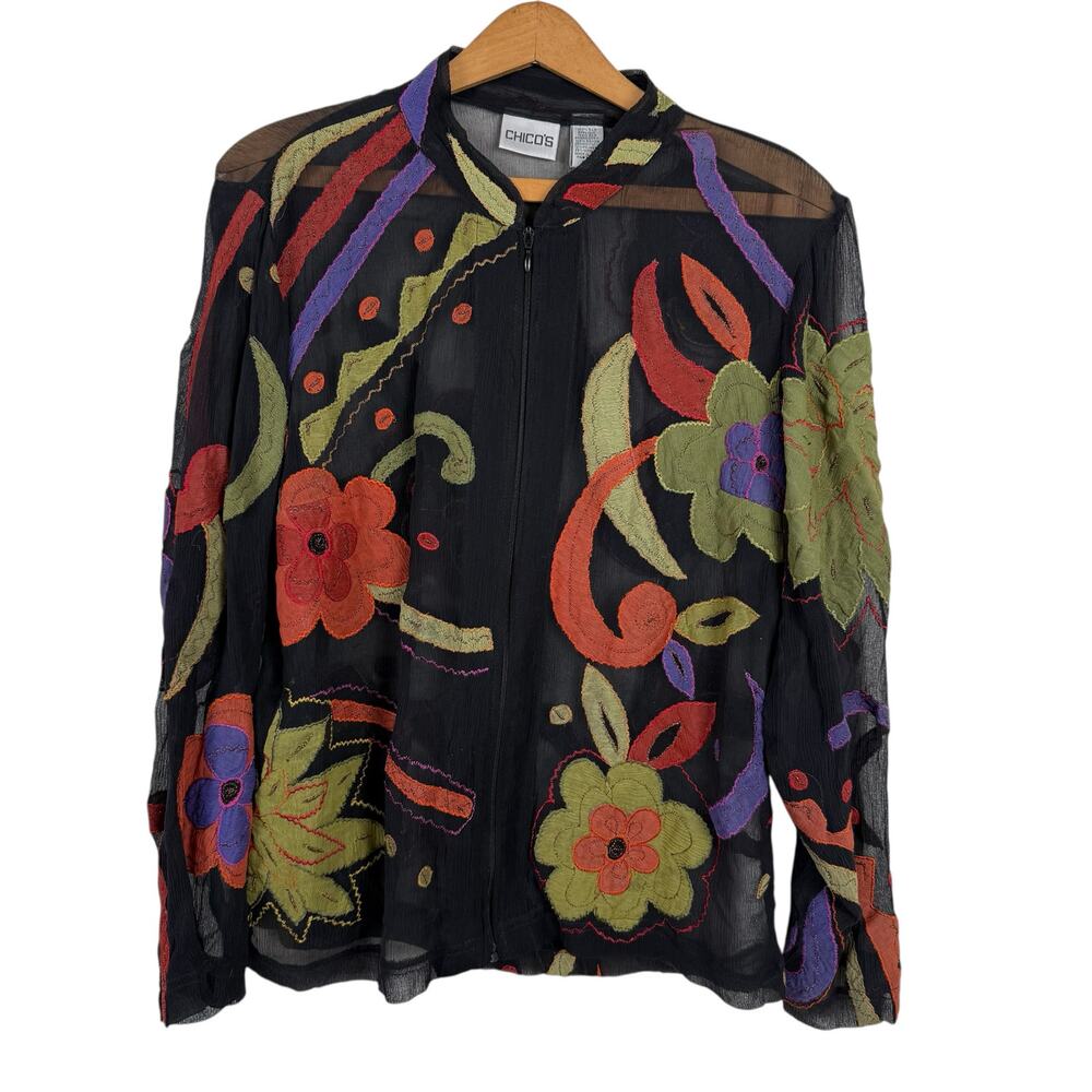Chico's Women Silk Jacket Size 0 (US Small/4) Appliqué Floral Art To Wear Boho